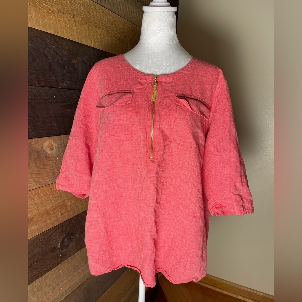 Ellen Tracy Linen Blend Red Short Sleeve Top Size XL